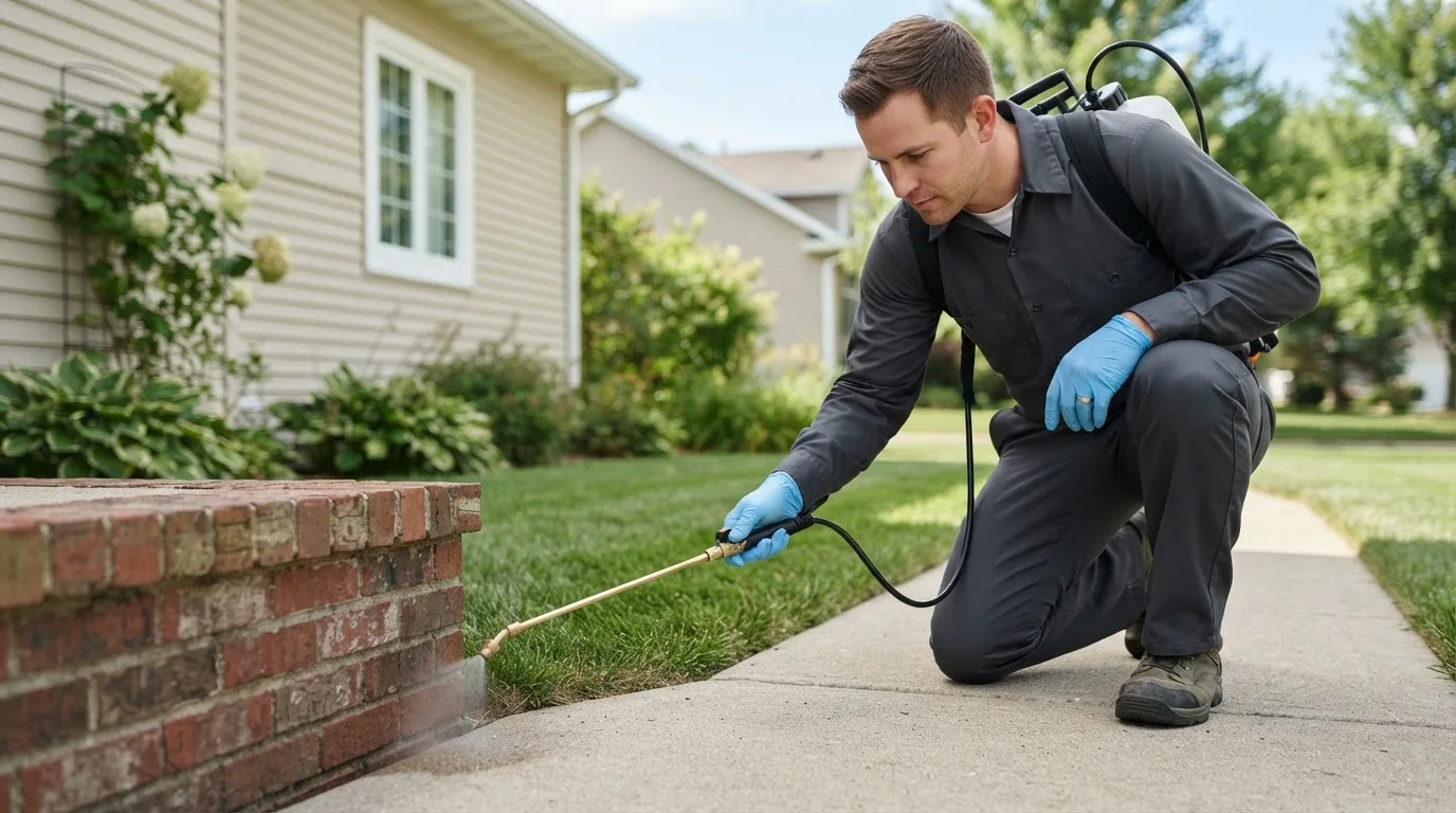 Pest control technician treating a home near Burghill, OH