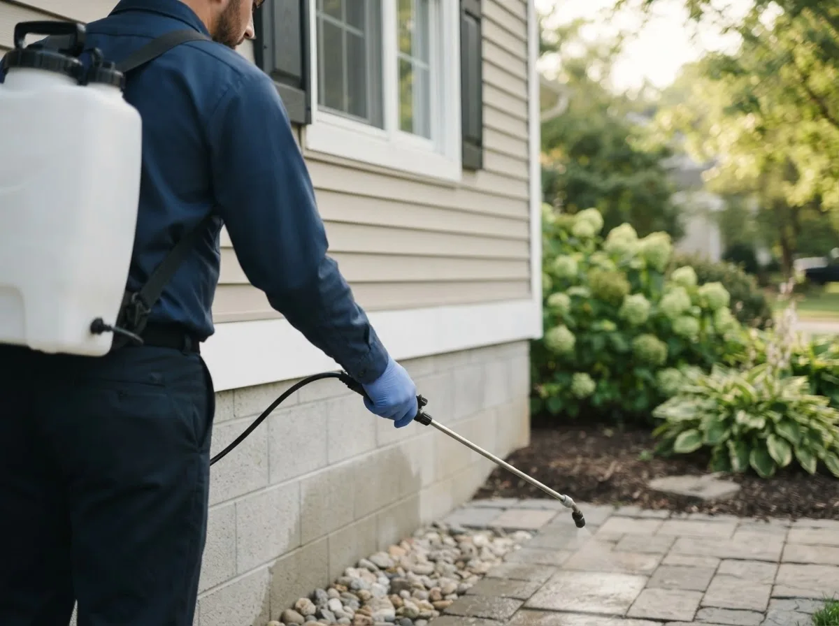 Pest control technician inspecting a home in Burghill, OH